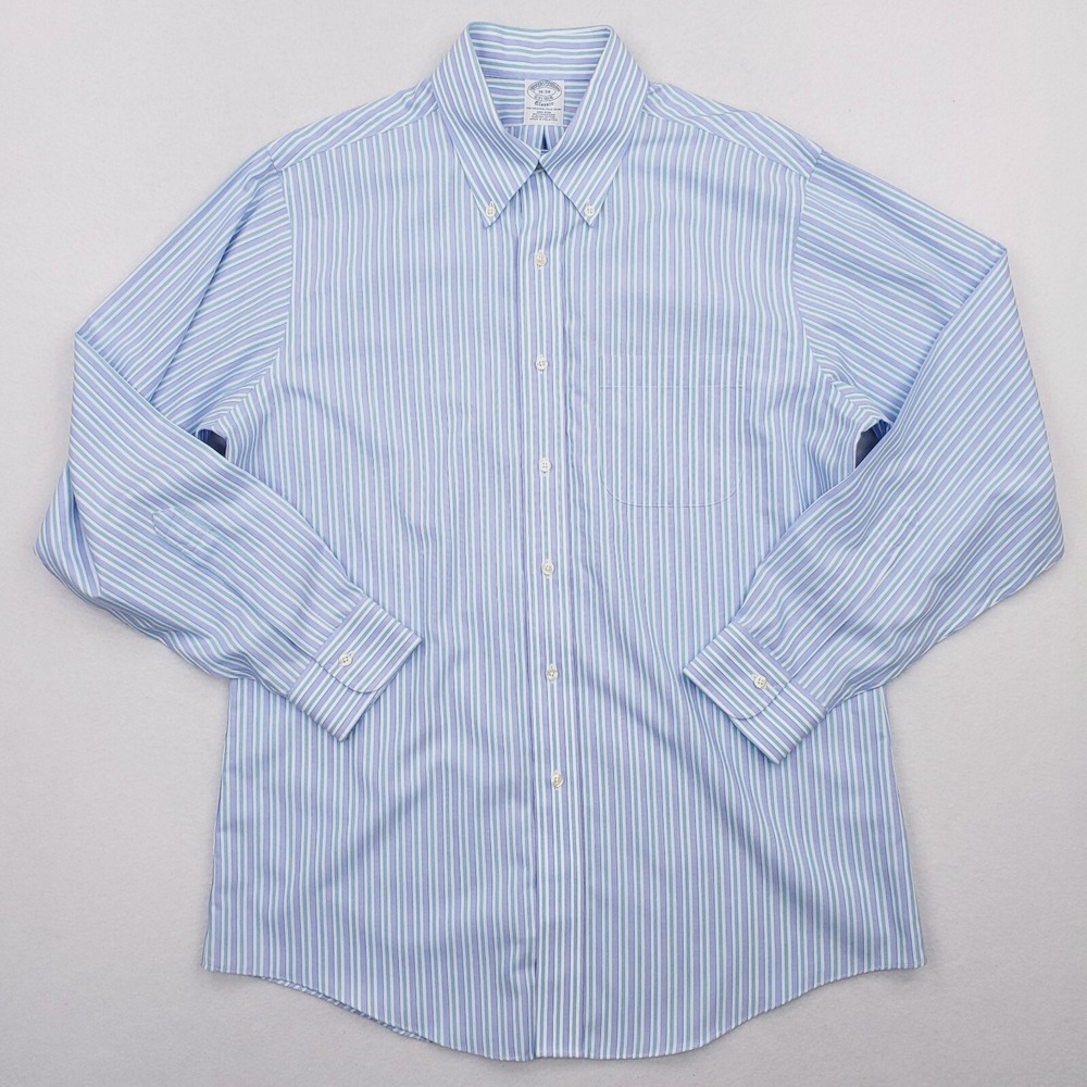 Brooks Brothers Shirt Men 16 Blue Striped Button Down Classic Fit Supima No Iron